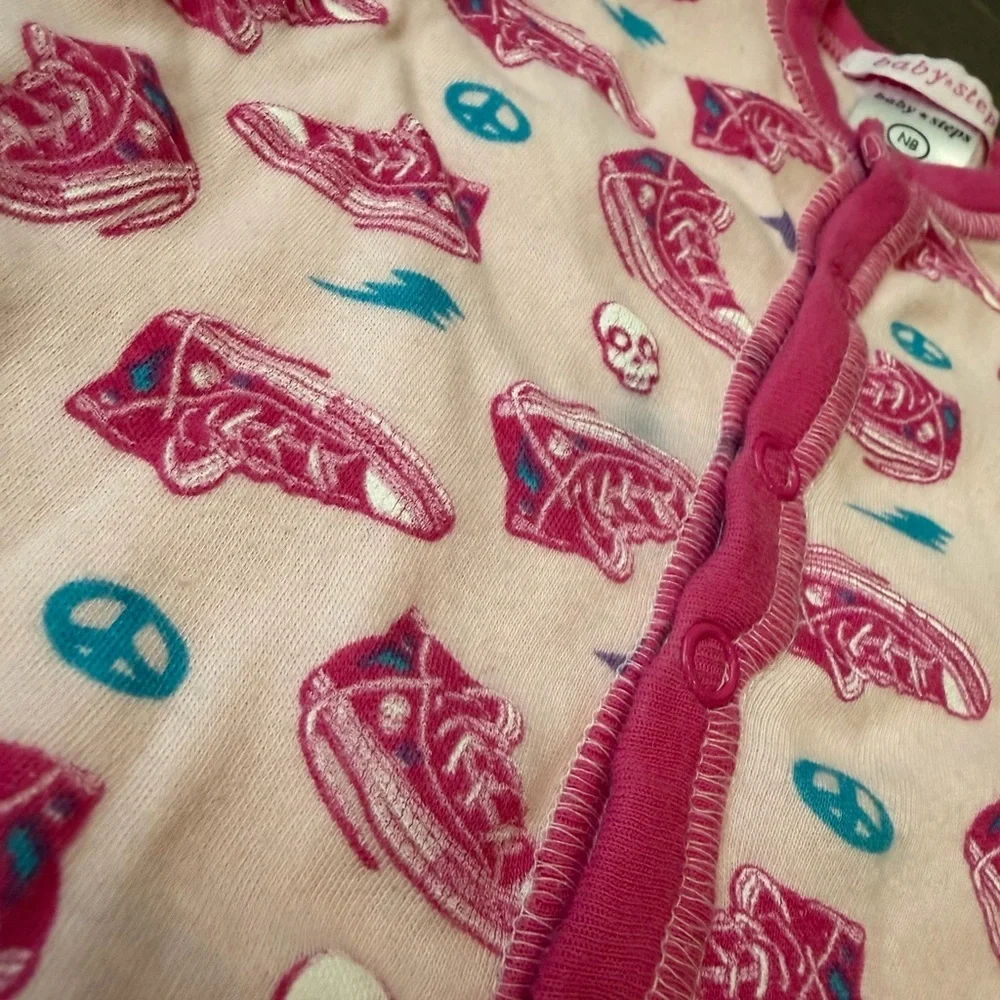 Designer From Denny’s! Baby Steps Pink Footed One-Piece with Sneaker Print - Picture 3 of 7